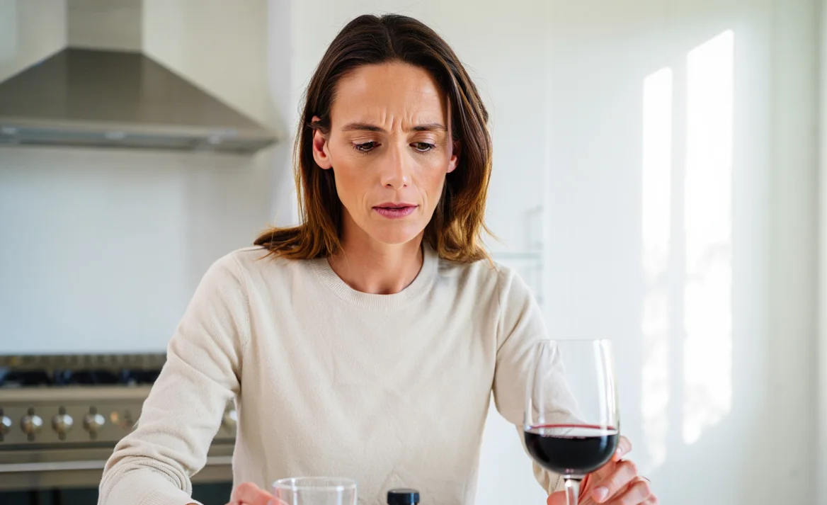 Девушка сидит за столом с бокалом вина